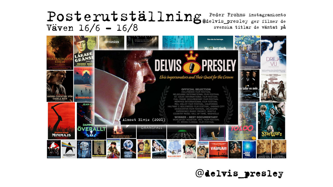Elvis Presley i profil framför ett antal filmaffischer med fiktiva titlar