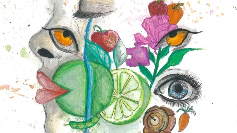 Ett målat kollage av växter, frukter, grönsaker och delar från ett ansikte.