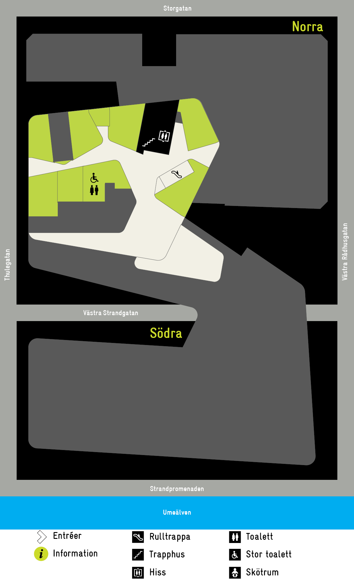 Översiktskarta av plan 5 i Väven. I husets norra del finns konferensvåningen P5, toaletter och entré.