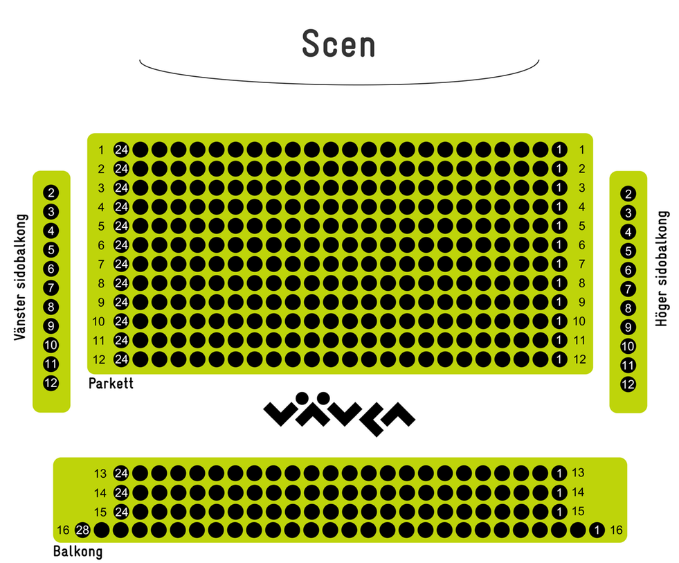 Salongsöversikt av Vävenscenens numrerade sittplatser.